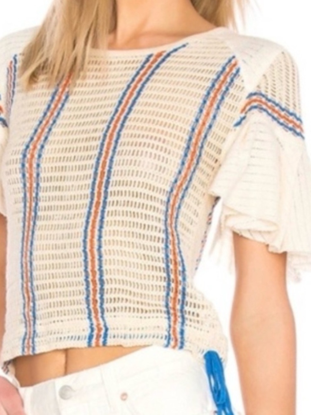 Free People Crochet Bell Sleeve Ribbon Top w/Tie Cinch Open Hem Bottom Sz Med - Picture 6 of 7